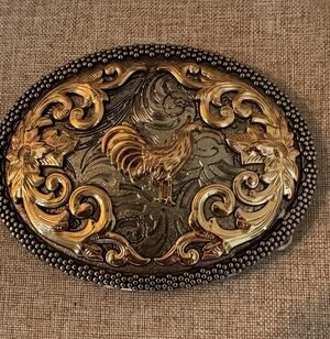 ALSA SILVER & Gold tone OVAL STANDING ROOSTER Belt Buckle